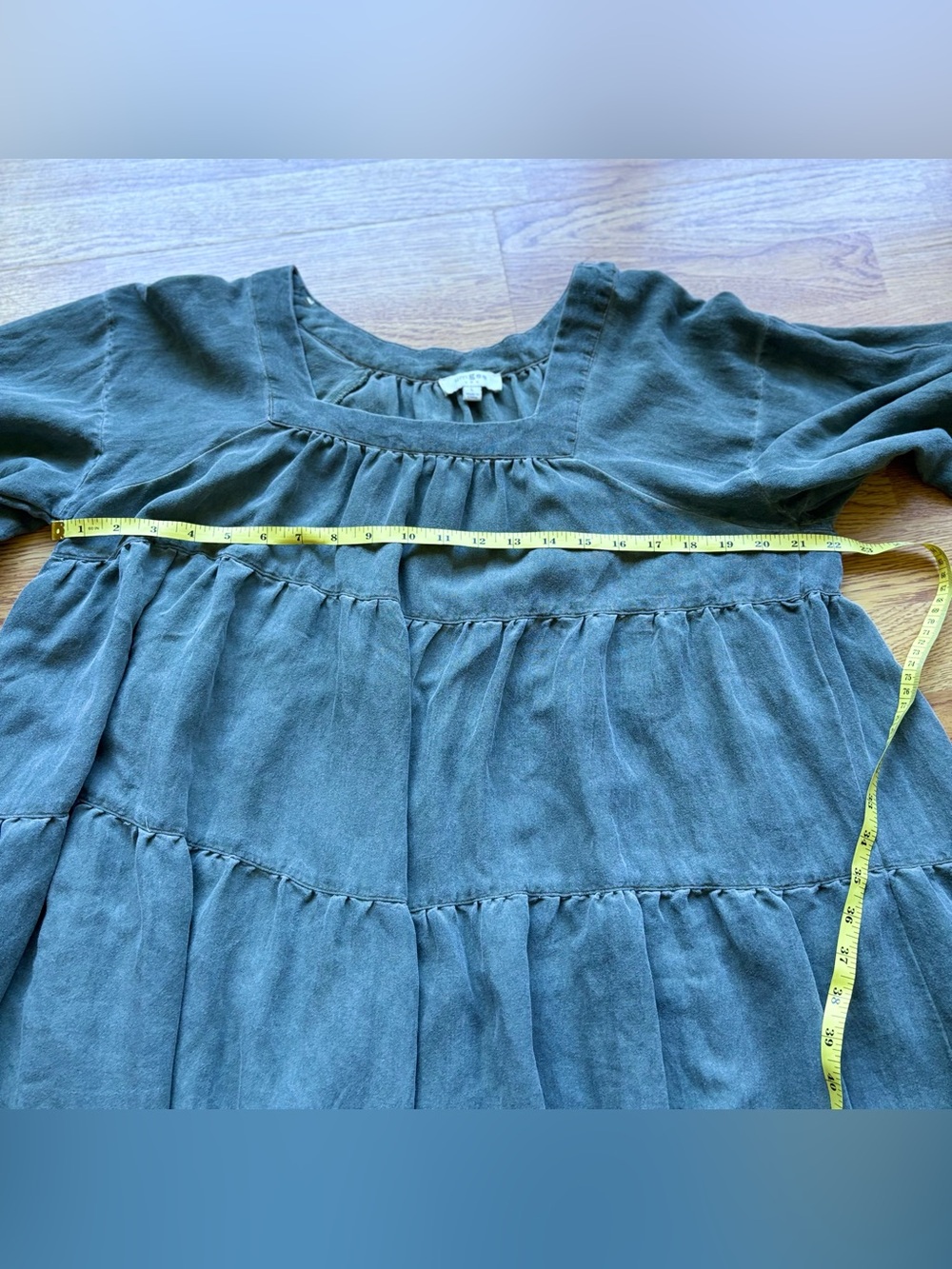 Umgee Sage Green Tiered Boho Long-Sleeve Babydoll Tunic Dress Raw Hem Sz L - Picture 8 of 12